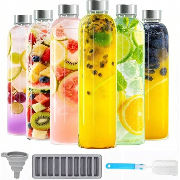 18Oz Glass Bottles With Lids Set Of 6, Bottle Containers, Smoothie Bottle, Glass Bottles With Stainless Steel Leak Proof Lids Home, Office, Gym Outdoors.
