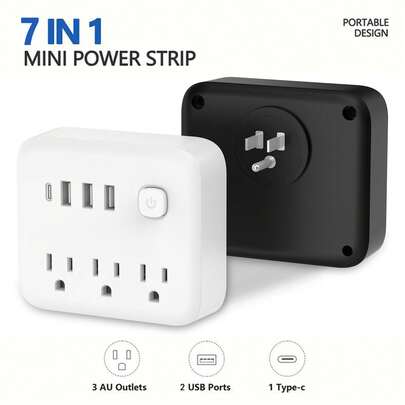 Surge Protector Outlet, 7-In-1 Multifunctional  Sockets  USB Ports 1 Type-C, Multi Plug Adapter Spaced For Home Travel Office, White Black
