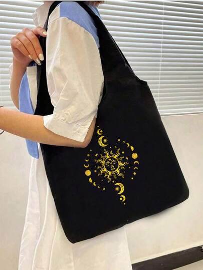 Sun, Moon And Stars Printed Canvas Shoulder Bag, Printed Black Vest Handbag And Black Small Bag, Valentine's Day Gifts, Bridesmaid Personalized Wedding Gift Bags, Cosmetic Bags, Simple Travel Storage Bags, Supermarket Shopping Bags, Birthday Gifts, Thanksgiving Gifts, Commemorative Gifts, Christmas Gifts For Friends And Family.