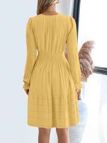 Women Fall Short Dress Casual Long Sleeve V Neck Elastic Waist A-Line Lightweight Flare Mini Dress Spring Autumn Party Holiday Dating Valentine Sun Dress Outfits - Yellow - View 3