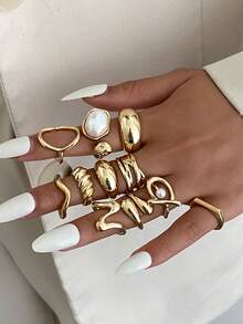 11件套奢华镂空几何仿珍珠镶嵌金属叠戴戒指，时尚优雅，适合婚礼、派对、度假、休闲场合，女士及情侣适用，节日、生日等场合皆宜，百搭珠宝礼品。 - 戒指 - 查看 3