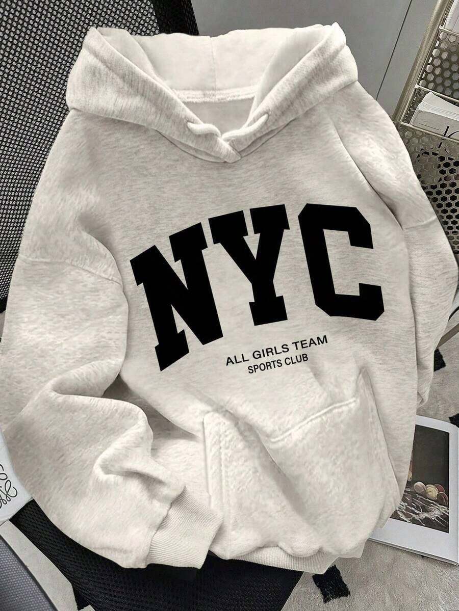 2025 HoodiesWomen's Slogan Print Thermal Lined Casual Loose Fit Hoodie Sweatshirt, Autumn/WinterLoose And Comfortablewinter Clothes For Women - 淺灰色 8 - 查看 1