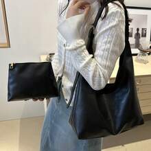 Korean Minimalist Casual Pu Tote Bag Combination Bag, Autumn And Winter Retro All-In-One Shoulder Tote Bag, With Change Bag Mother Bag, Large Capacity Commute Shopping Bag. Women's Shoulder Bag Casual Wallet Set. New Large-Capacity Leather Handbag. Purses And Bags Women - 咖色 - 查看 11