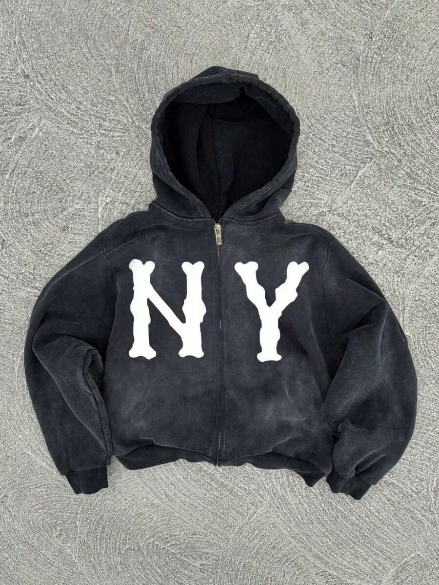 Men Vintage Letter Print Zip Front Hoodie Sweatshirt, For Spring And Autumn - Black - View 1