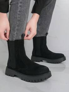 Botas Derby de Sola Grossa com Bico Redondo, Estilo Britânico Vintage Retrô Preto, Botas de Motocicleta da Moda