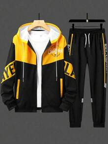 2pcs Plus Size Men's Casual Contrast Color Letter 3D Digital Print Zip-Up Hoodie And Sweatpants Set, Autumn/Winter