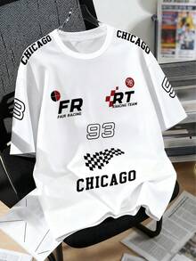 1 pieza Camiseta de manga corta y cuello redondo para niños con elemento de coche de carreras, número 93 y letra CHICAGO, para primavera/verano - Blanco - Ver 6