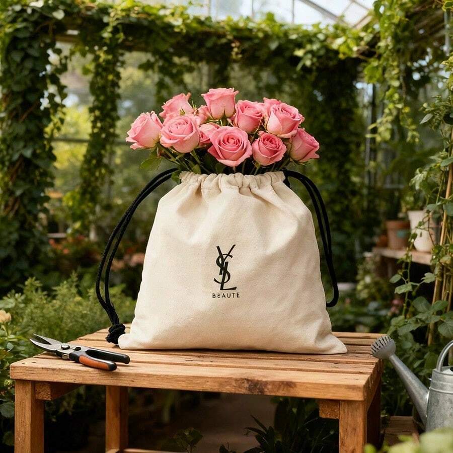 Yves Saint Laurent YSL Drawstring Canvas Storage Bag, White Portable Cosmetic Bag, Fashion Handheld Shopper Bag YSL-White-Std, Ideal For Travel & Gift Giving - White - View 1