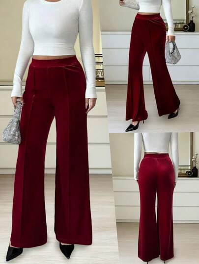 Burgundy Knitted Fabric Flare Leg Long Pants For Women With Exposed Seam Detail Medium Stretch