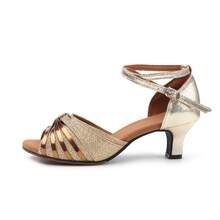 Women Gold Glitter Latin Dance Shoes, Mid-Heel With Ankle Strap And Rubber Sole, Suitable For Both Indoor And Outdoor Ballroom Salsa Dancing