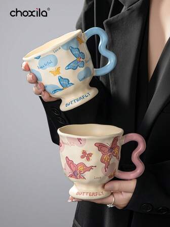 choxila 1pc Coffee Cup, 400ml Ceramic Butterfly-Shaped Tall Glass, High Appearance Level Mug, Cartoon Water Cup, Office Household Cup And Tea Cup