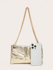 Women's Fashion Design Pleated Satin Texture Small Square Shoulder Bag - Gold - View 3