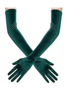1 Pair Green Velvet Formal Gloves Ladies, Suitable Evening Gowns, Warm And Decorative Halloween Wedding - Burgundy - Xem 2