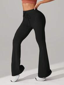 1件装女士高腰喇叭瑜伽裤，弹力修身，抽绳腰带，纯色面料，适合健身、四季皆宜、休闲打底裤、高腰跑步裤 - 黑色 - 查看 7