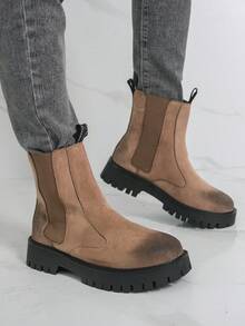 厚底德比靴，时尚靴筒靴，仿麂皮衬里，摩托车靴情侣款，棕色 - 棕色 - 查看 5