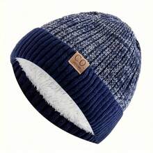 Men's Retro Winter Knit Hat - Thickened Fleece-Lined Earmuffs For Warmth, Navy Blue/White/Patterned Patches, Soft And Fluffy Lining - Durable Beanie For Winter Fitness, Outdoor And Everyday Use, Hand Washable, Comfortable Design, Reinforced Stitching Stripes, Casual Sports Headwear, Retro Style, Suitable For Outdoor Enthusiasts