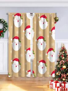 2PCS Cute Cute Cute Cartoon Cartoon Santa Claus Head Pattern Flannel Fabric Printed Curtains, Semi-Blackout, Easy-To-Install Rod-Pocket Style.
