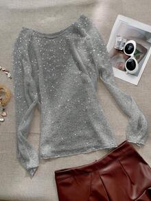 Áo khoác ngoài dáng rộng tay dài kiểu cánh dơi bằng vải lưới xuyên thấu đính sequin móc len Yuwenier, thích hợp cho tiệc lễ hội. - Bạc - Xem 6