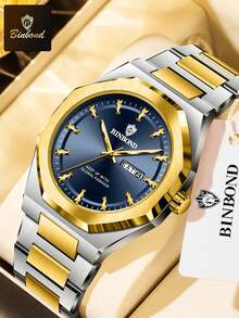 BINBOND B860 Business Watch Men's Watch 30M Waterproof Calendar Date Function Rhinestone Stainless Steel Watchband Male Quartz Watch - Gold - View 9