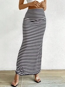 Falda larga de cintura alta unicolor, maxi falda licra, falda de mujer, falda de dama, falda maxi ajustado elegante y casual con estampado liso para dama - Azul y blanco - Ver 2