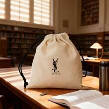 Yves Saint Laurent YSL Drawstring Canvas Storage Bag, White Portable Cosmetic Bag, Fashion Handheld Shopper Bag YSL-White-Std, Ideal For Travel & Gift Giving - White - View 5