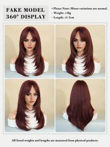 Elegant-24 Inch Layered Raspberry Red Wigs For Women,Long Straight Wigs With Curtain Bangs, High Density Fluffy Synthetic Heat Resistant Fiber Hair Wig For Daily Party Wear, Music Festival Party Use - 酒紅色 - 查看 6