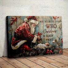 1 pieza de arte de pared en lienzo enmarcado - Santa Claus con bebé y piñas, decoración navideña tradicional/moderna/contemporánea adecuada para oficina, - cuadro colgante con marco de gancho, decoración navideña, 2D plano, perfecto para decoración de habitaciones, decoración navideña, regalos de Navidad, decoraciones navideñas para el hogar - Gris - Ver 6