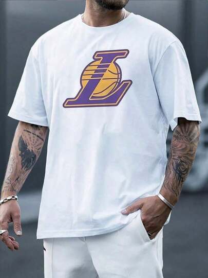 Camiseta hombre verano moda patrón logo Lakers baloncesto estampado cuello redondo manga corta 220g algodón puro pesado gruesa y cómoda