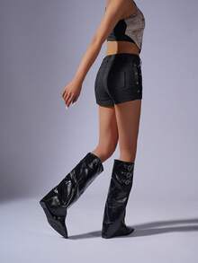 Fall/Winter Women's New Fashion Boots, Classic Shaft Boots, Versatile Glossy Boots, Tall Boots With Special Sole, Elegant Buckle Design, Pointed Toe, Comfortable Luxury Women Shoes - Black - View 5