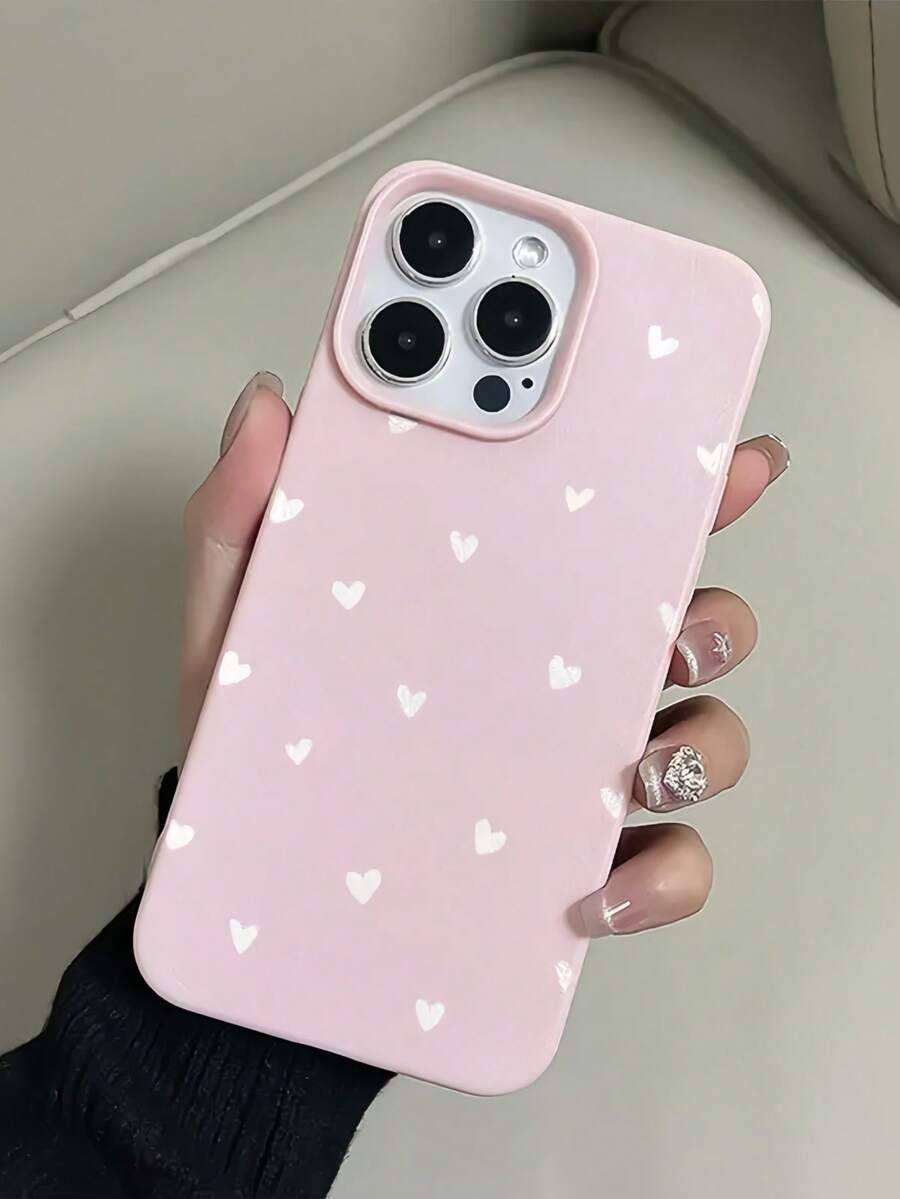 1pc White Heart Cute Pattern Pink Litchi Texture Matte Shockproof Full Coverage Phone Case Compatible With IPhone 11 12 13 14 15 16 17 Pro Max - Multicolor - View 1