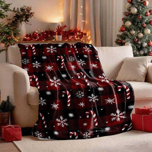 Manta de flanela com tema natalino, estampada com xadrez vermelho e preto, flocos de neve e doces. Macia, fofa e confortável, ideal para sofá, cama e momentos de lazer. Presente perfeito para adultos e esposas.