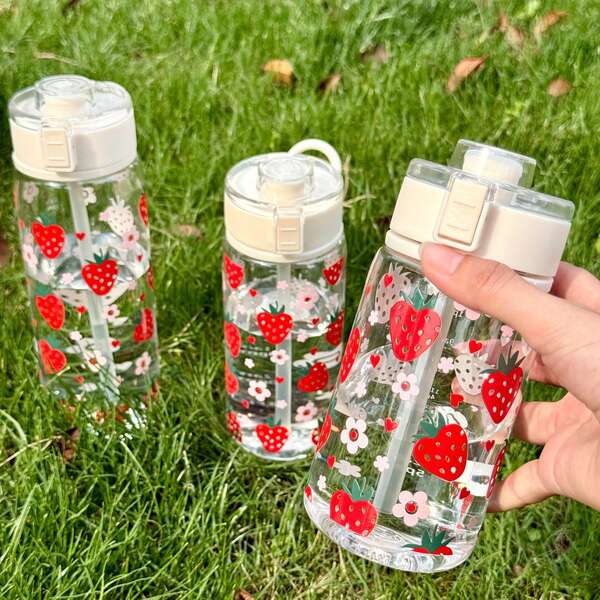 1 pieza Botella de agua de plástico con impresión de fresa linda de 14oz, 20oz, 27oz, portátil, reutilizable y a prueba de fugas, botella para café helado, adecuada para picnics, campamentos, uso diario, oficina, fiestas, gran opción para diversos regalos de fiestas, cumpleaños, Día de la Madre