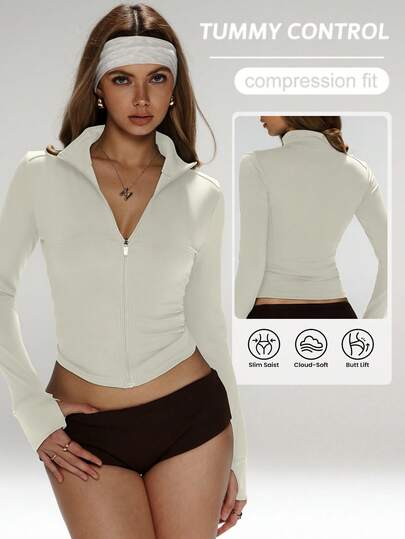 FWH Women's Slim-Fit Breathable Workout Set For Outdoor Running, Sun Protection Zipper Stretchy Simple Slimming Fashionable Sexy High-Quality Basic Streetwear Elastic Leisure Unique Color Fairness-Enhancing Elegant Tight Thermal Lined Long-Sleeve Yoga Jacket