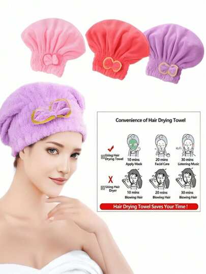 1/2/3pcs Soft Absorbent Hair Drying Caps, Quick Dry Hair Towel Caps, Princess Style Thick Plush Bath Caps, Absorb Water Quickly, Soft & Comfortable, Convenient, Home Bathroom Decor, Autumn Decor, Back To School, Salon, Hotel, Sports, Home Essential, Towel, Skincare