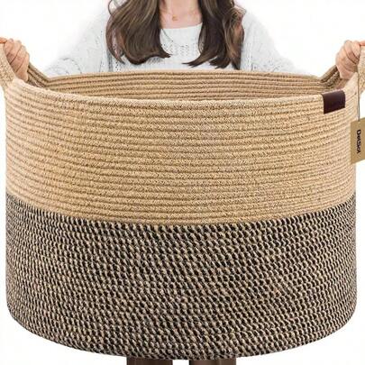 DelSol Large Round Blanket Basket Nursery Woven Wicker Cotton Rope Baskets Storage Pillows Clothes Organizer Laundry Hamper With Handle 55x35cm Jute Black