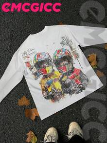 EMCGICC Y2k Long Sleeve Shirt, Urban Art Punk Graphic T-Shirt Cotton 250g, Preppy Lettering Fashion Hip Hop Men's Long Sleeve T-Shirt, Fun Vintage Shirt, Regular Fit, Wild Bloom Street Style, Digital Print, Ideal Gift - 白色 - 查看 3