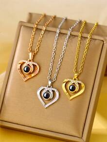 Customized Photo Projection Zirconia Heart Pendant Necklace, Personalized Jewelry Memorial Gift - Rose Gold - View 7