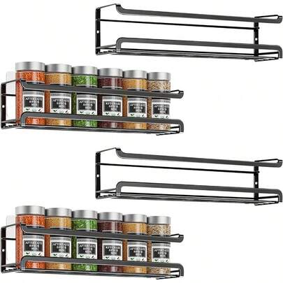 Spice Rack Organizer 4 Pack No Drilling SelfAdhesive Spice Shelves Black Holders For Kitchen Cabinet Bathroom Pantry