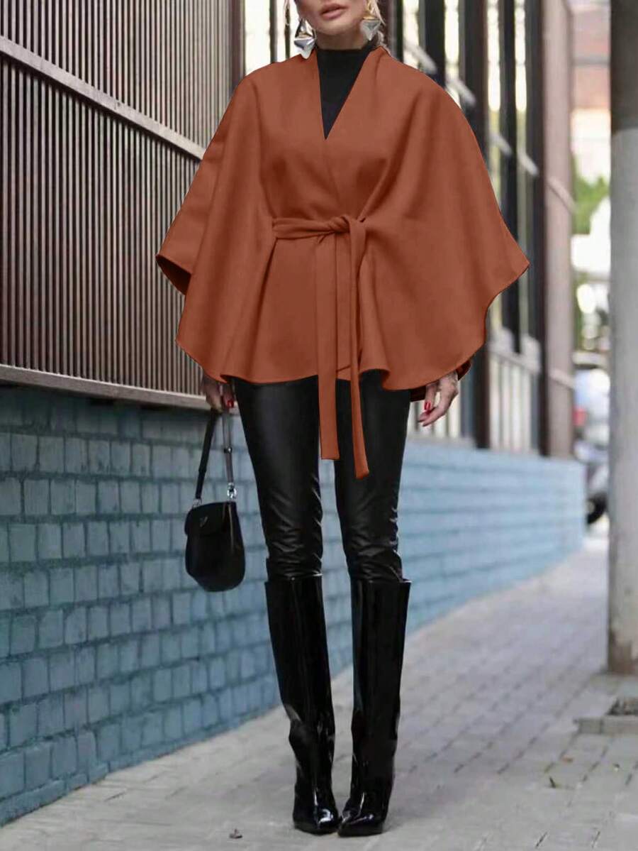 Women's Winter Solid Color Fabric Tie Waist Belt Bowknot Elegant Dating Formal Dinner Winter Shawl Winter Cape Winter Coat New Year Coat - Brown - View 1