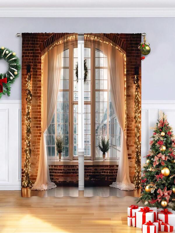 2PCS Christmas-Themed Brushed Fabric Digital Print Curtains, Retro Warm Style Design With Red Brick Wall, Arched Window, Warm Lights And Sheer Curtains, Rod Pocket Installation, Semi-Transparent Polyester Fiber Material, Suitable For Living Room, Kitchen, Bedroom, Dining Room, Filling Your Home With Festive Atmosphere