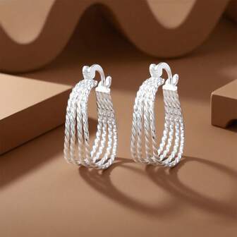 C形编织耳环，925纯银扭纹圆环耳环，时尚饰品