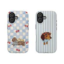 Vintage Cute Dog  Case – Curious George Fans Gift, Checkerboard & Striped Design With Cherries And Dachshund In Sunglasses |     Cover For  17 16 15 14 13 12 SE Max Pro  Galaxy Ultra 21 22 23 24 25 - 混色-2 - 查看 3