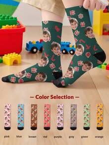 1 par de meias infantis de cano médio com estampa natalina personalizada, meias unissex para meninos e meninas, personalizadas com fotos, meias divertidas para casais, confortáveis e respiráveis, design criativo de desenho animado, presentes perfeitos para feriados, aniversários e Dia dos Namorados, meias divertidas, malucas, de anime, multicoloridas. - Multicolorido - Ver 5