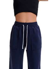 Women's Navy Blue Wide Leg Sweatpants, High Waisted Drawstring Sporty Joggers With Pockets, Comfy Loose Fit Athletic Pants For Workout & Street Style - Navy Blue - View 4