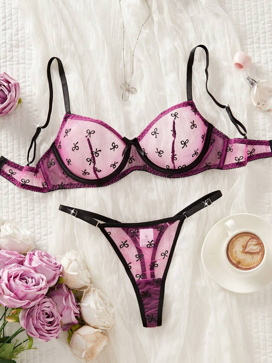 Bow Embroidery Pattern Ultra-Thin Lavender Sexy Women Lingerie Set - Multicolor - View 1