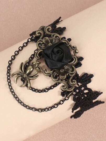 1 pieza Brazalete de mujer estilo gótico vintage con rosa negra, encaje, borlas y cadena con araña, diseño único para Halloween