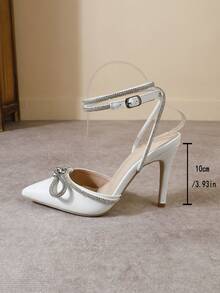 Elegant Women's Pointed Toe Solid Color Pumps, Fashion Rhinestone Bow Sexy Rhinestone Strap Shoes - White - View 3