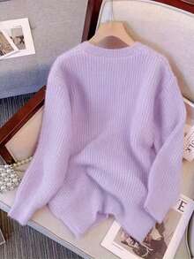 宽松、柔软、甜美、慵懒的针织开衫 - 紫色 - 查看 2
