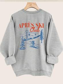 [Front And Back Double-Sided Print]Women's Casual Top Retro Style Skiing Cable Car APRES SKI Club Print Round Neck Long Sleeve Sweatshirt [Ling]Winter Clothes For Women,Christmas Gifts - 灰色 - 查看 3