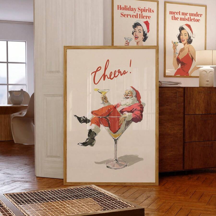 1pc Frameless Cheers Santa Poster Fun Vintage Christmas Wall Art Retro Holiday Cocktail Print Festive Canvas Painting For Living Room Bedroom Dorm Room Decor Poster Funky Posters Room Decor Bedroom Prints For Wall Vintage Santa Art Holiday Cocktail Poster Retro Christmas Decor - Multicolor - View 1